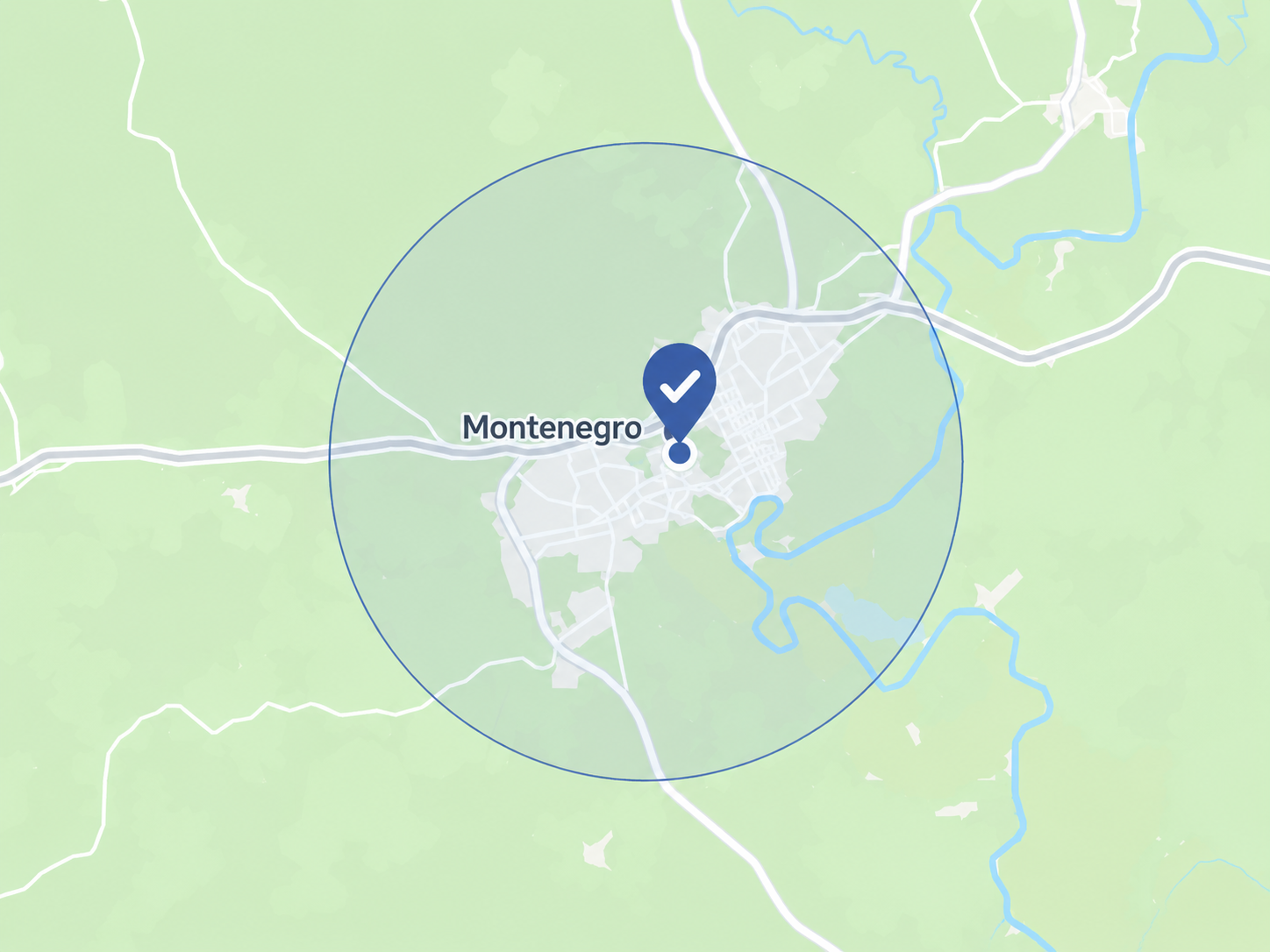 Mapa de Montenegro com marcador central e raio de alcance local